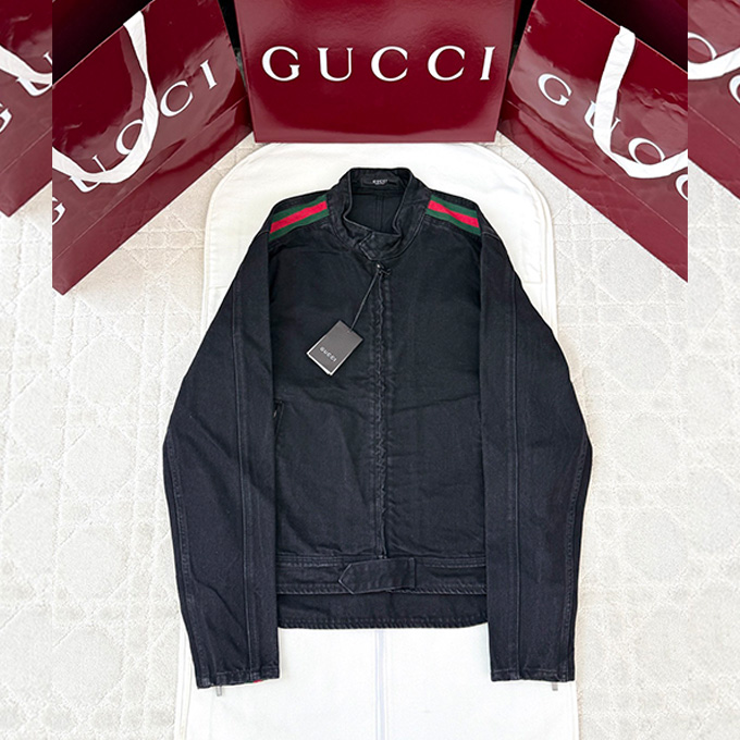 gucci black denim biker jacket with web stripe